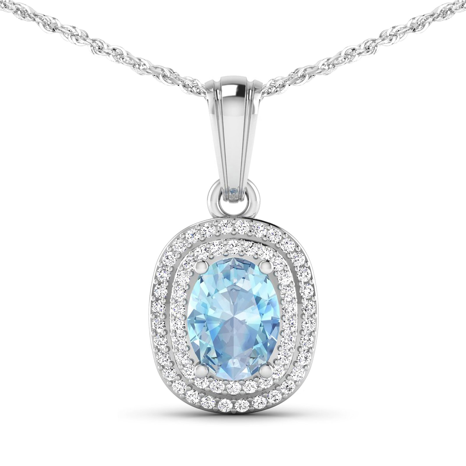 14KT White Gold 0.96ct Aquamarine and Diamond Pendant with Chain: (1) Oval Aquamarine stone with a total weight of 0.96cts. (58) round Diamonds with a total weight of 0.26cts with a color of (i) and a clarity of i1-i2. Total weight of this pendant with chain is 2.88