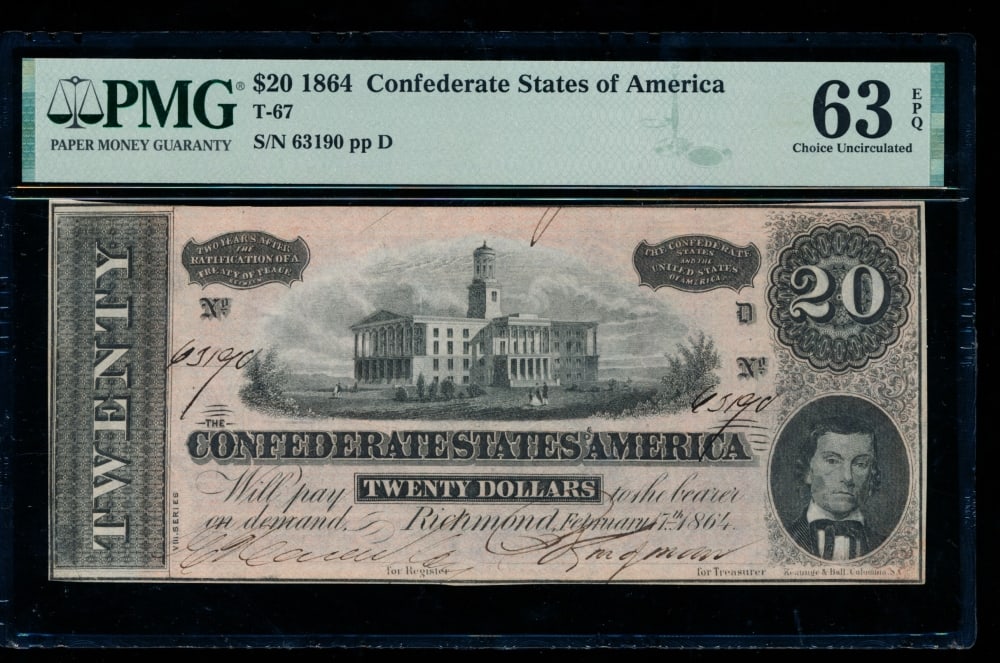1864 $20 T-67 Confederate PMG 63EPQ (1 of 2)