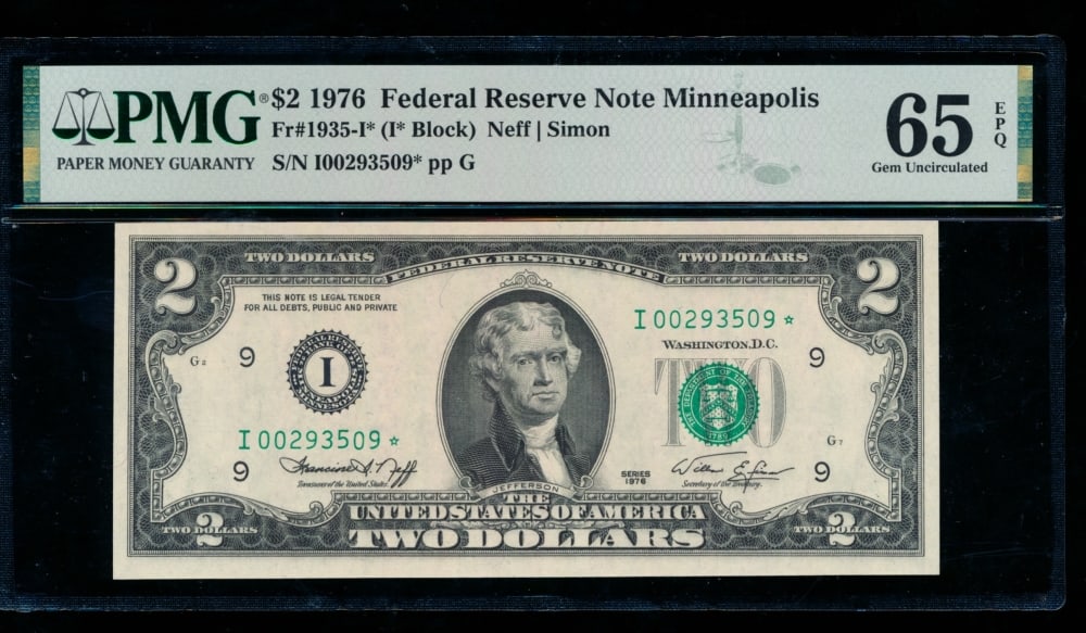 1976 $2 STAR Minneapolis FRN PMG 65EPQ: One 1976 $2 STAR Minneapolis FRN PMG 65EPQ.