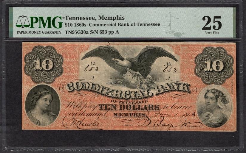 1863 $10 Memphis TN Obsolete PMG 25: One 1863 $10 Memphis TN Obsolete PMG 25.