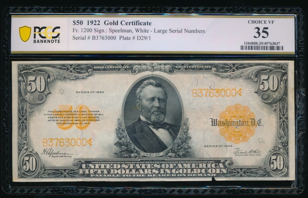 1922 $50 Gold Certificate PCGS 35 (1 of 2)