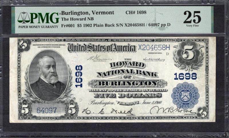 1902 $5 Burlington VT National PMG 25: One 1902 $5 Burlington VT National PMG 25.