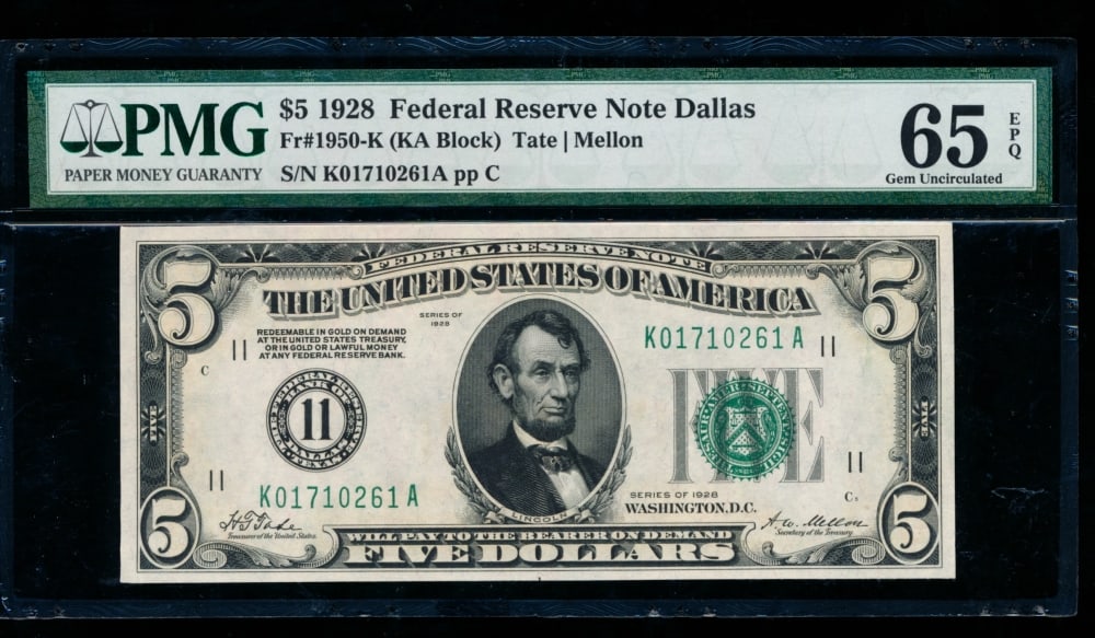 1928 $5 Dallas FRN PMG 65EPQ: One 1928 $5 Dallas FRN PMG 65EPQ.
