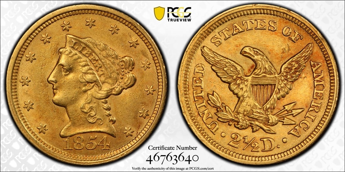1854 $2.5 Liberty Head Quarter Eagle Gold Coin PCGS AU58 (1 of 3)
