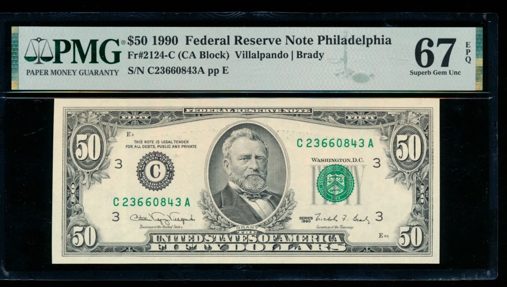1990 $50 Philadelphia FRN PMG 67EPQ: One 1990 $50 Philadelphia FRN PMG 67EPQ.