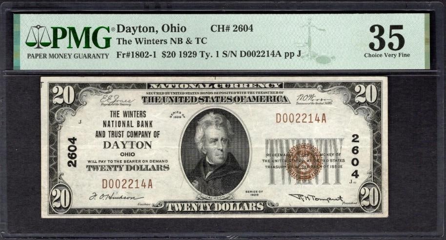 1929 $20 Dayton OH National PMG 35: One 1929 $20 Dayton OH National PMG 35.