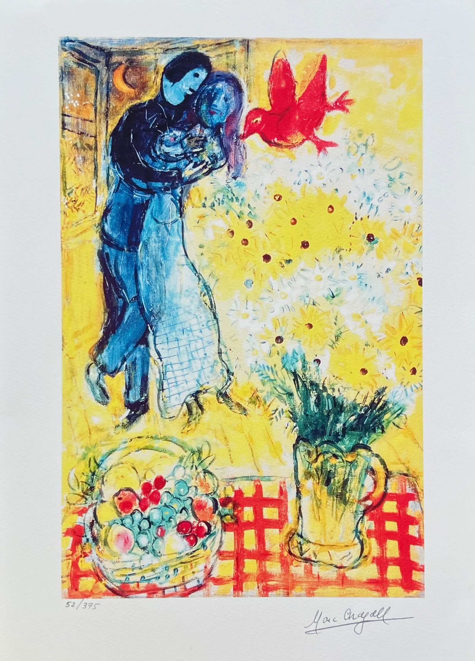Marc Chagall LOVERS & DAISIES Limited Edition Facsimile Signed Giclee: This is a Marc Chagall limited edition small giclee titled LOVERS AND DAISIES. This giclee is facsimile signed on the lower right and is pencil numbered on the lower left from an edition of 375. Paper