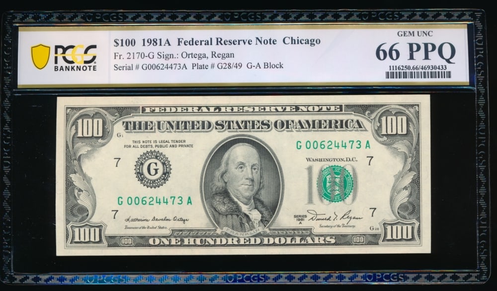 1981A $100 Chicago FRN PCGS 66PPQ: One 1981A $100 Chicago FRN PCGS 66PPQ.