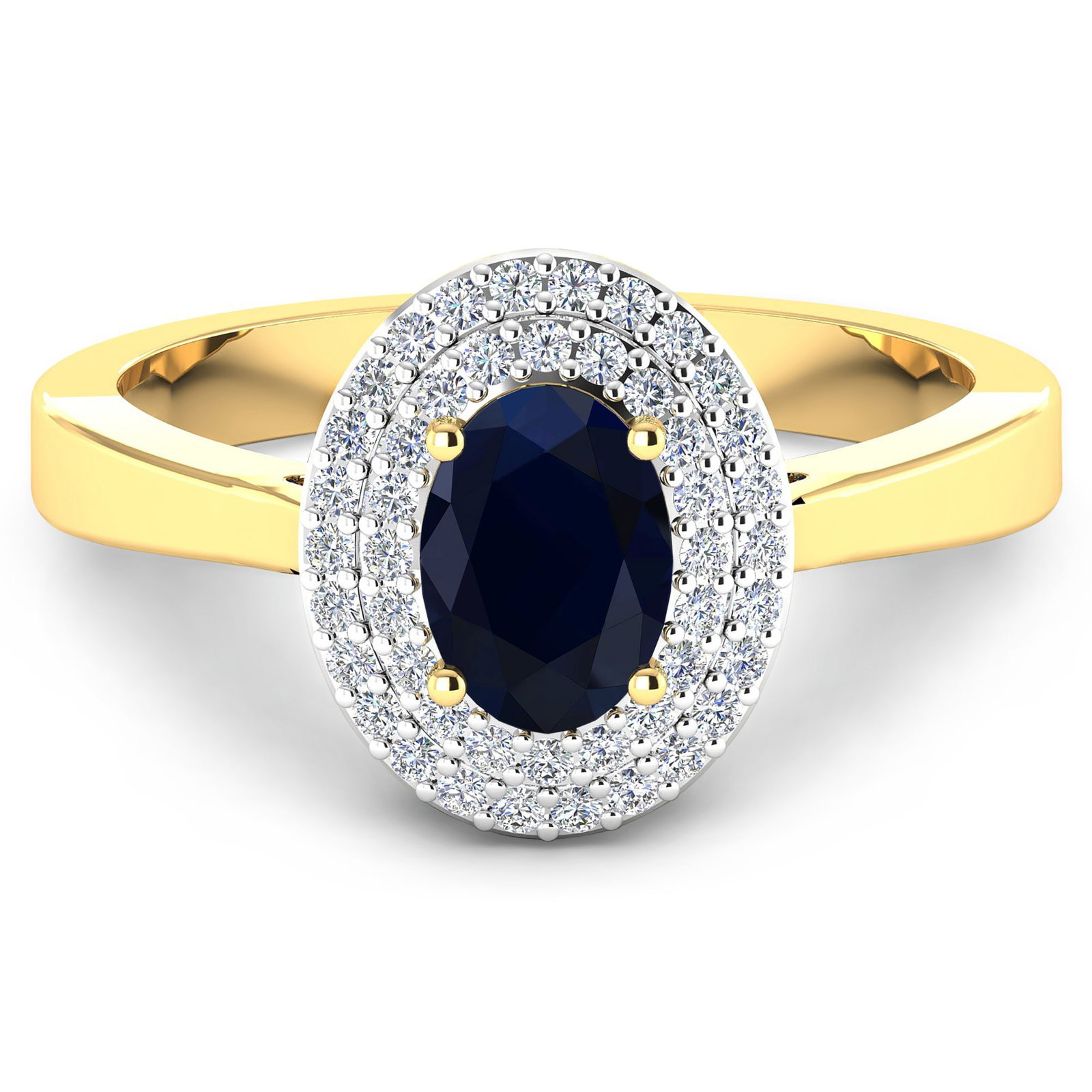 14KT Yellow Gold 0.90ct Blue Sapphire and Diamond Ring: Blue Sapphire (AA) Oval 7x5mm - 1Pc + White Diamond F/C Round 0.90mm - 46Pcs ( White Pan Rhodium ) (I1-I2/I color). Total weight of gemstone is 0.9cts. Total weight of Diamonds is 0.16cts. Total