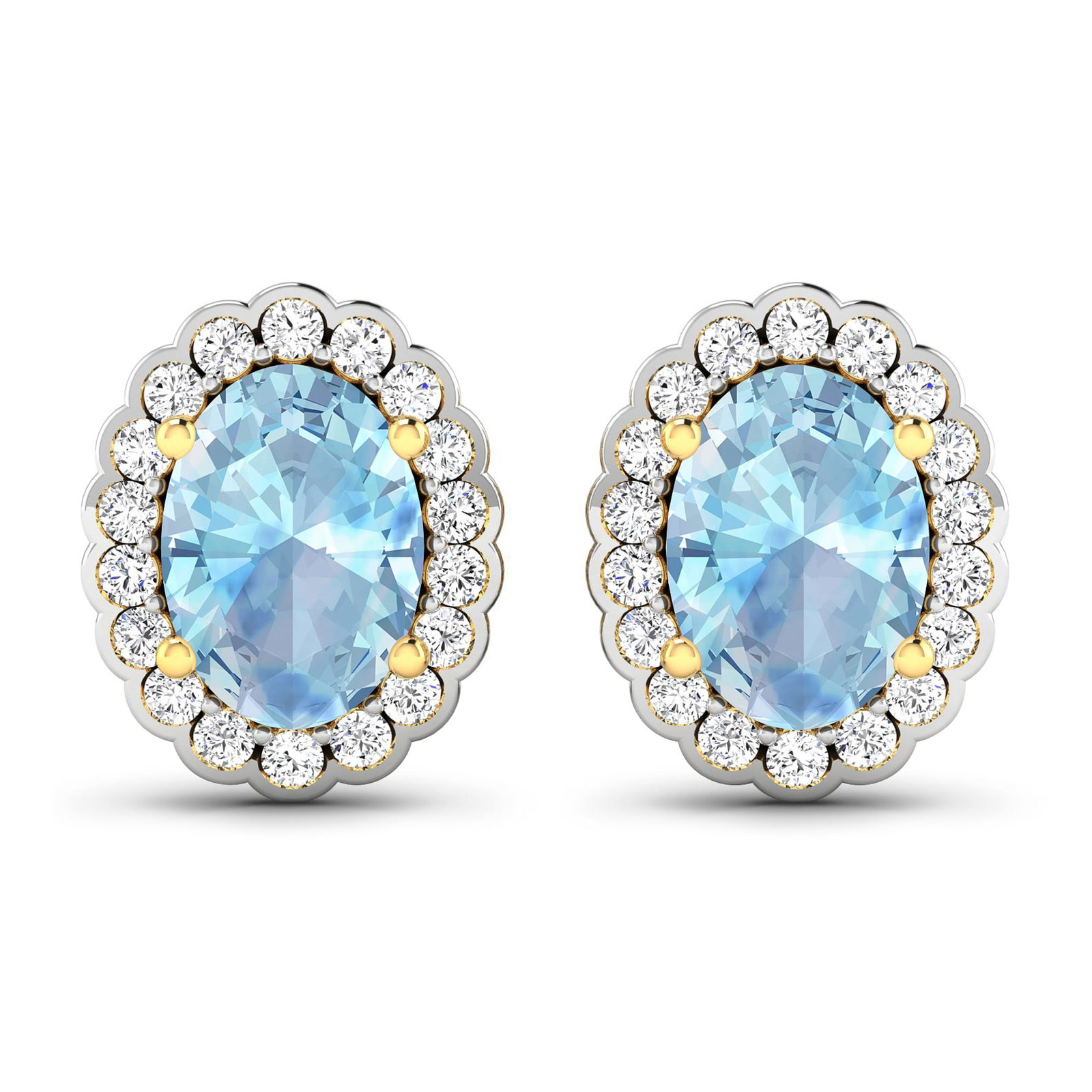 14KT Yellow Gold 1.02ctw Aquamarine and Diamond Earrings: Aquamarine Oval 7x5mm - 2Pcs + White Diamond F/C Round 1.20mm - 36Pcs (I1-I2/I color) ( Push Post ) Total weight of gemstones is 1.02cts. Total Diamond weight is 0.28cts. Total weight of these