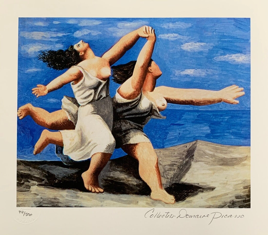 Pablo Picasso RUNNING ON THE BEACH Estate Signed Limited Edition Giclee: This is a PABLO PICASSO (ESTATE COLLECTION DOMAINE) (1881-1973) small giclee titled RUNNING ON THE BEACH. This piece is pencil signed on the lower right as Collection Domaine Picasso and has an emboss