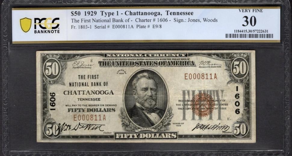 1929 $50 Chattanooga TN National PCGS 30: One 1929 $50 Chattanooga TN National PCGS 30.
