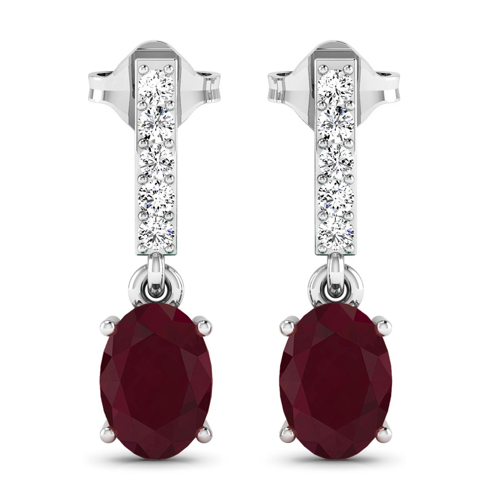 14KT White Gold 1.7ctw Ruby and Diamond Earrings: Ruby (AA) Oval 7x5mm - 2Pcs + White Diamond F/C Round 1.50mm - 10Pcs ( Push-Post ) ( I1-I2/I color ) Total weight of gemstones is 1.7cts. Total Diamond weight is 0.14cts. Total weight of these earring