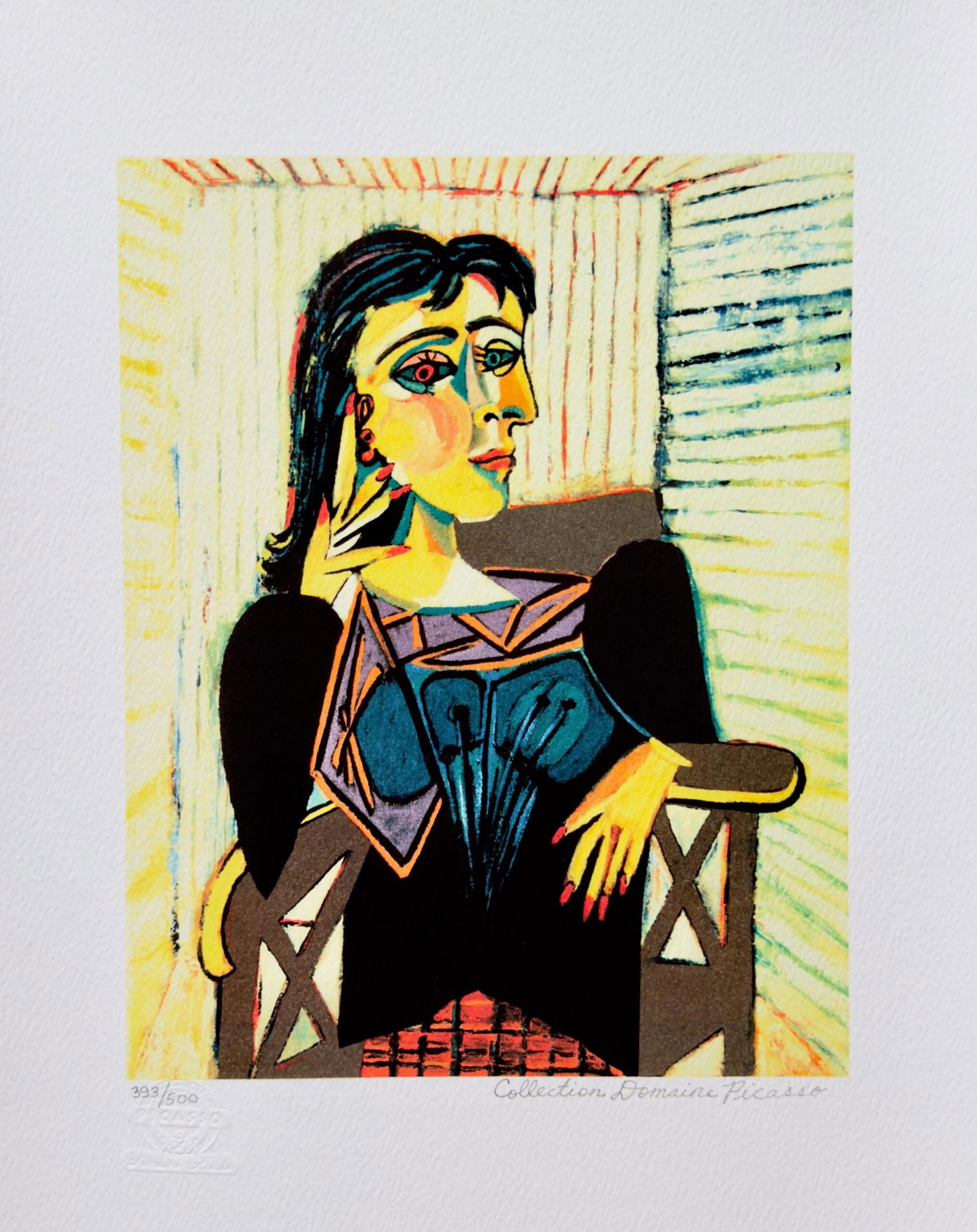 Pablo Picasso DORA MAAR Estate Signed Limited Edition Giclee: This is a PABLO PICASSO (ESTATE COLLECTION DOMAINE) (1881-1973) small giclee titled DORA MAAR. This piece is pencil signed on the lower right as Collection Domaine Picasso and has an embossed seal sta