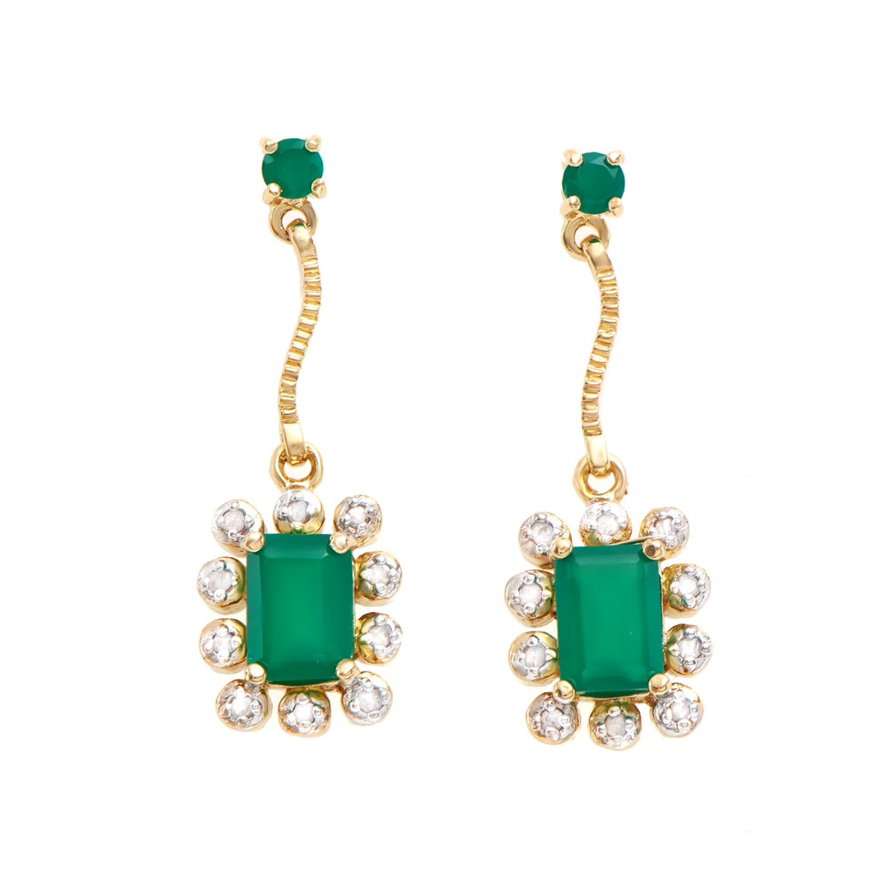Plated 18KT Yellow Gold 1.79ctw Green Agate and Diamond Earrings: One pair of Plated 18KT Yellow Gold 1.79ctw Green Agate and Diamond Earrings. (4) Green Agate stones with a total weight of 1.79cts. Diamonds with a total weight of 0.15cts with a color of I-J and wit