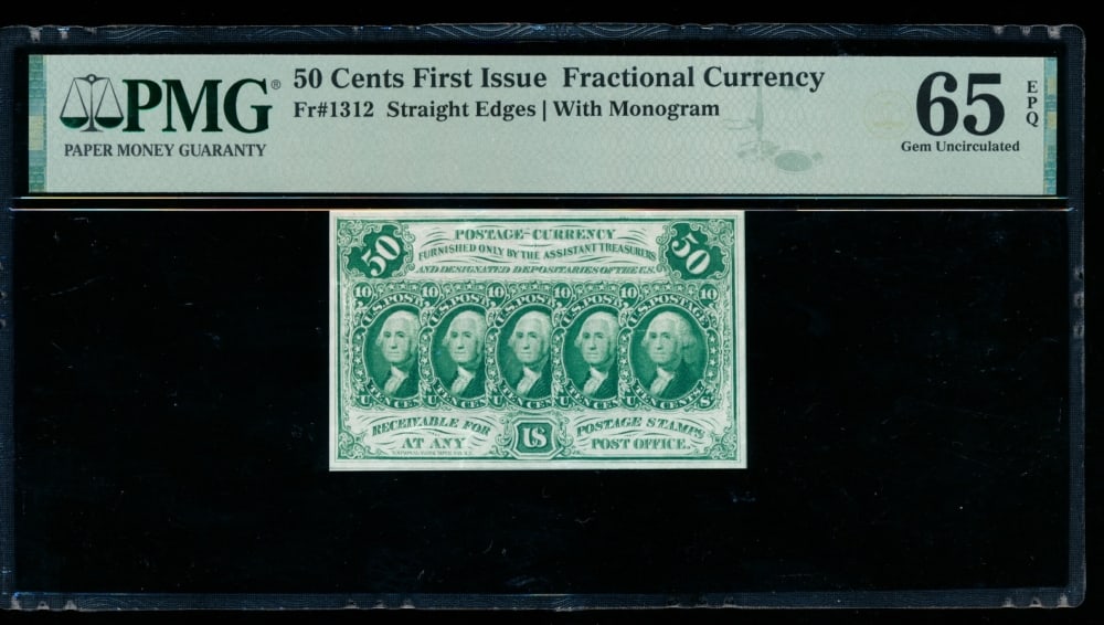 50 Cent First Issue Fractional PMG 65EPQ: One 50 Cent First Issue Fractional PMG 65EPQ.