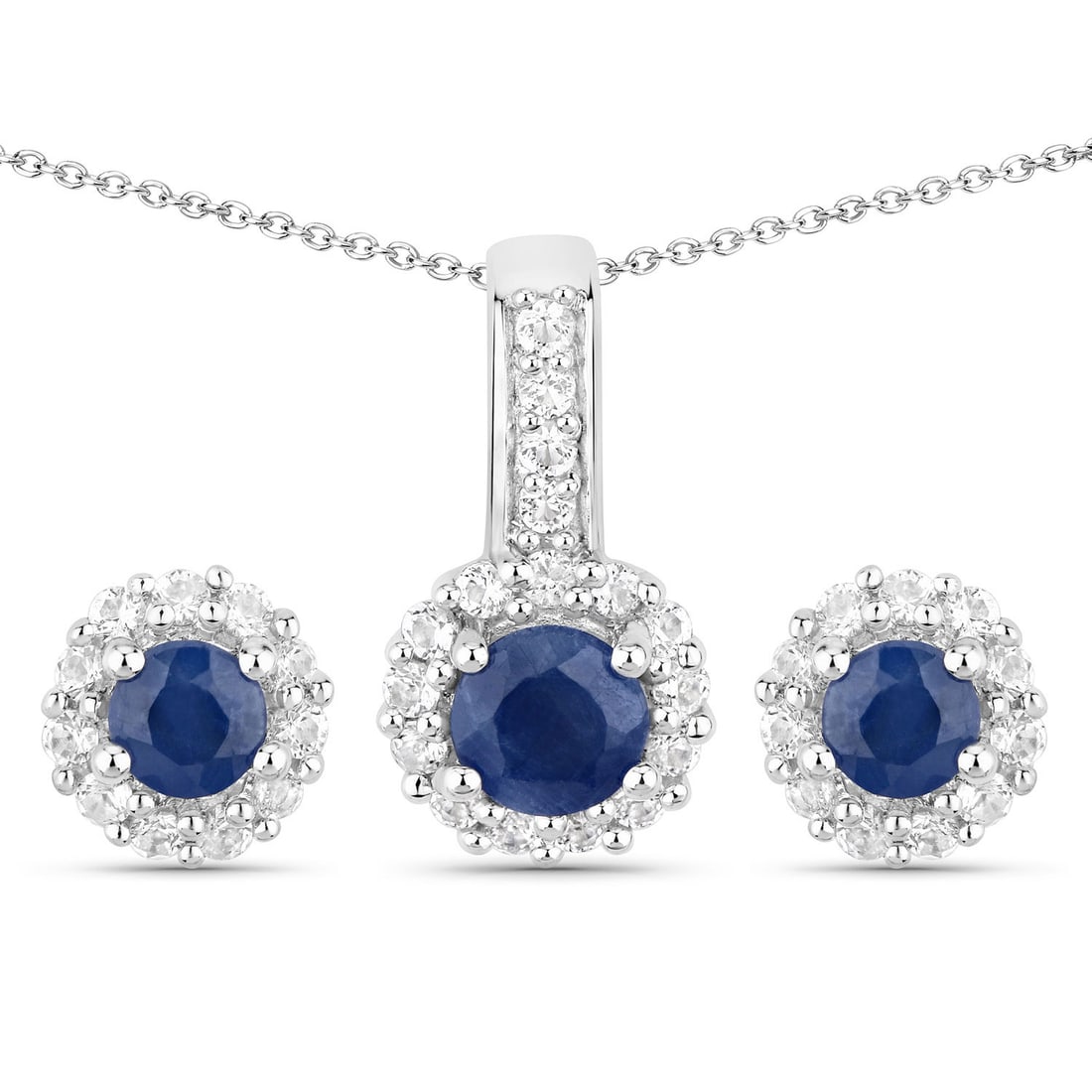 Plated Rhodium 2.17ctw Blue Sapphire and White Topaz Jewelry Set: This rhodium?plated .925 sterling silver jewelry set features 2.17 ctw of natural gemstones, highlighted by three round blue sapphires: one 5.00 mm center stone (0.65 ctw) and two 4.00 mm accents tota