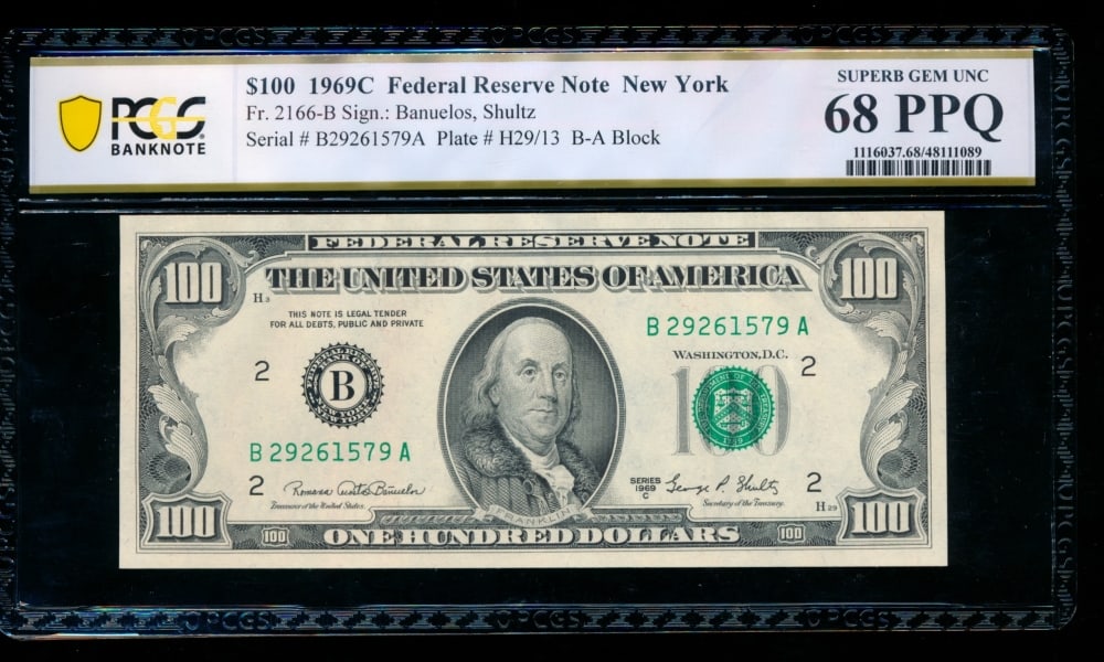 1969C $100 New York FRN PCGS 68PPQ: One 1969C $100 New York FRN PCGS 68PPQ.