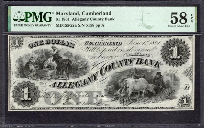 1861 $1 Cumberland MD Obsolete PMG 58EPQ (1 of 2)