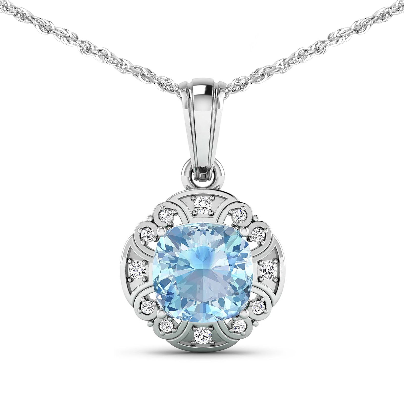 14KT White Gold 1.48ctw Aquamarine and Diamond Pendant: Aquamarine (AA+) Cushion 8.00mm - 1Pc + White Diamond F/C Round 1.50mm - 4Pcs + White Diamond F/C Round 1.00mm - 8Pcs ( SI-2/HI ) Total weight of gemstone is 1.48cts. Total Diamond weight is 0.09cts.