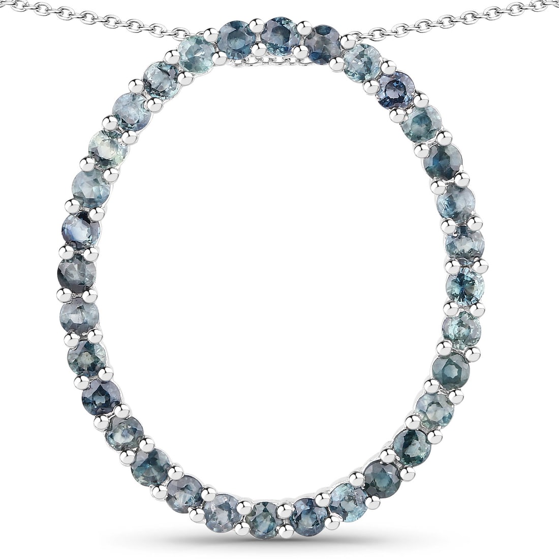 Plated Rhodium 3.20ctw Blue Sapphire Pendant: This 18K yellow gold–plated .925 sterling silver circle pendant features thirty?two natural round blue sapphires, each measuring 2.70?mm and prong?set to create a continuous ring of rich September?b