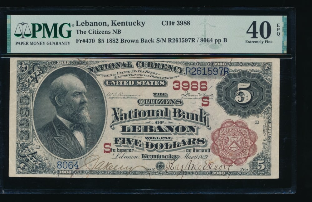 1882 $5 Lebanon KY National PMG 40EPQ: One 1882 $5 Lebanon KY National PMG 40EPQ.