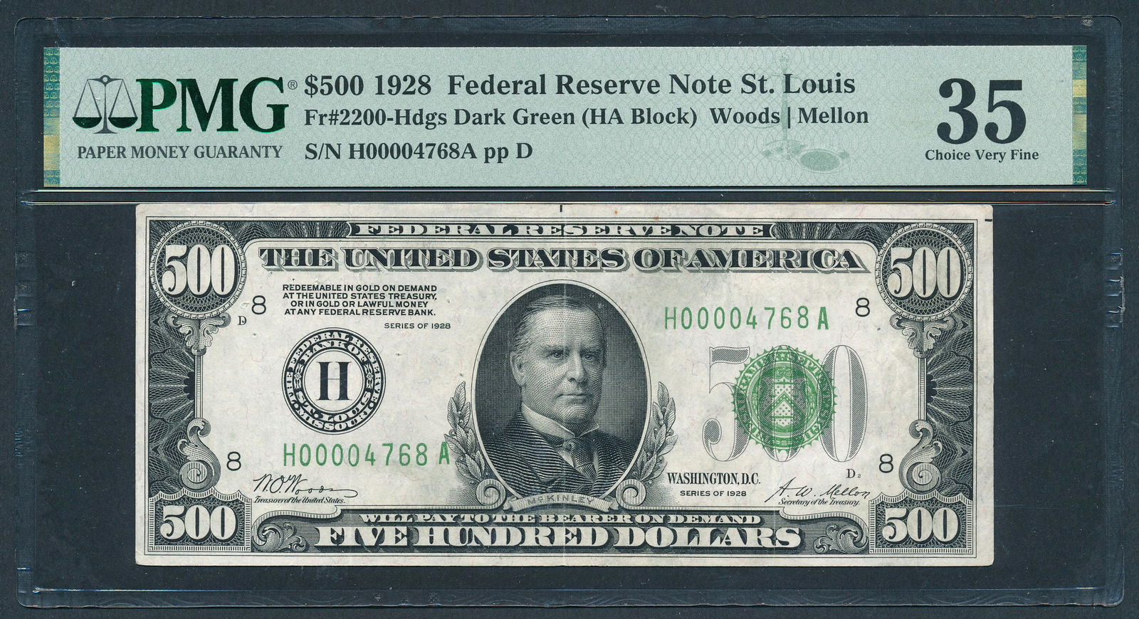 1928 $500 St Louis FRN PMG 35: One 1928 $500 St Louis FRN PMG 35.