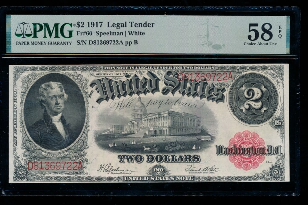 1917 $2 Legal Tender Note PMG 58EPQ: One 1917 $2 Legal Tender Note PMG 58EPQ.