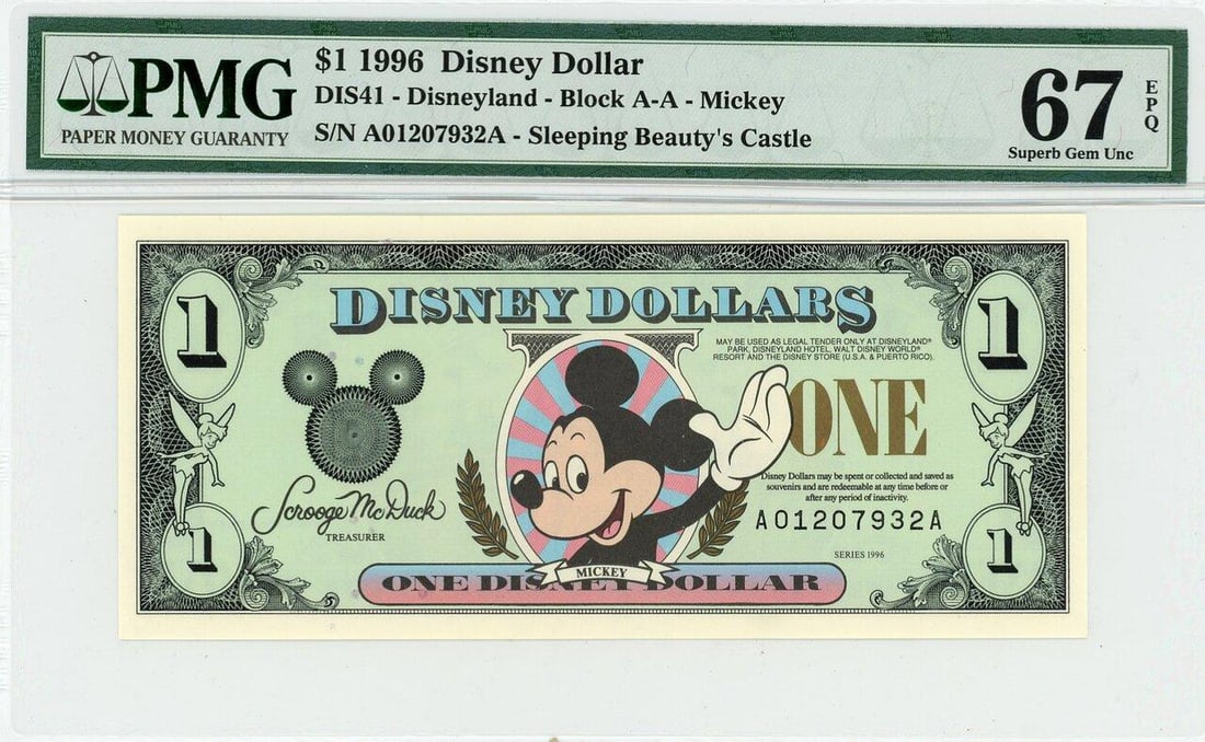 1996 $1 Mickey Disney Dollar PMG 67EPQ: One 1996 $1 Mickey Disney Dollar PMG 67EPQ.
