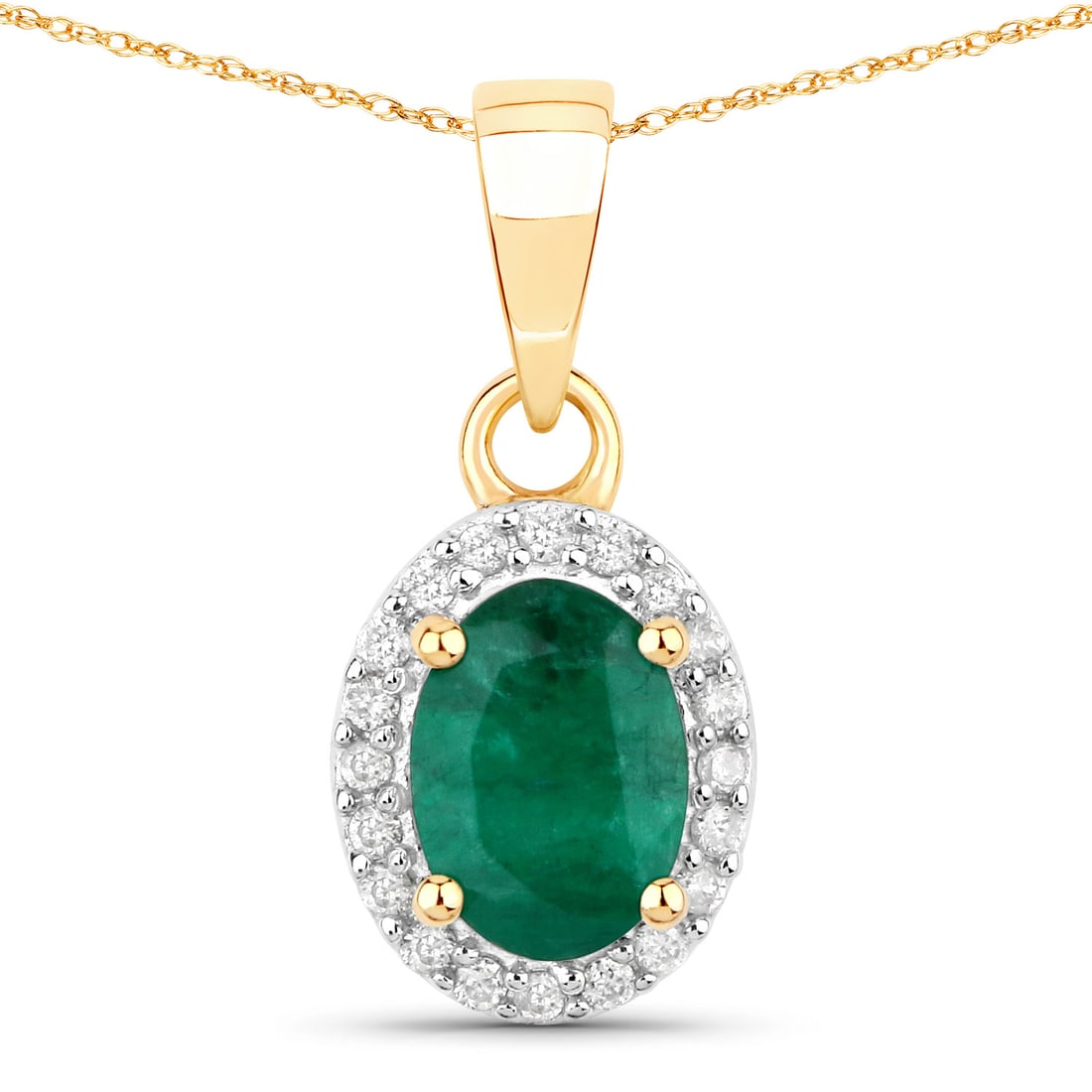 14KT Yellow Gold 0.83ctw Zambian Emerald and Diamond Pendant: Zambian Emerald Oval/7x5mm - 1/0.74 ctw Prong Setting Natural Oiled + White Diamond Round/1.00mm - 20/0.09 ctw Natural Not Treated N H-I I1. Total weight of 1.22 grams.