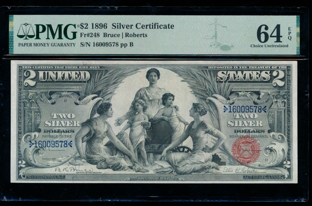 1896 $2 Educational Silver Certificate PMG 64EPQ: One 1896 $2 Educational Silver Certificate PMG 64EPQ.