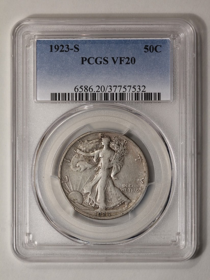 1923-S Walking Liberty Half Dollar PCGS VF20: One 1923-S Walking Liberty Half Dollar PCGS VF20.