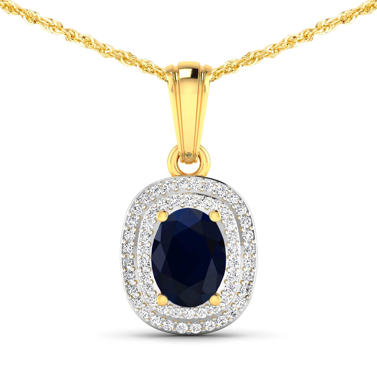14KT Yellow Gold 1.3ct Blue Sapphire and Diamond Pendant with Chain: (1) Oval Blue Sapphire stone with a total weight of 1.30cts. (58) round Diamonds with a total weight of 0.26cts with a color of (i) and a clarity of i1-i2. Total weight of this pendant with chain is
