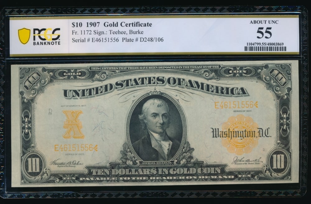 1907 $10 Gold Certificate PCGS 55: One 1907 $10 Gold Certificate PCGS 55.