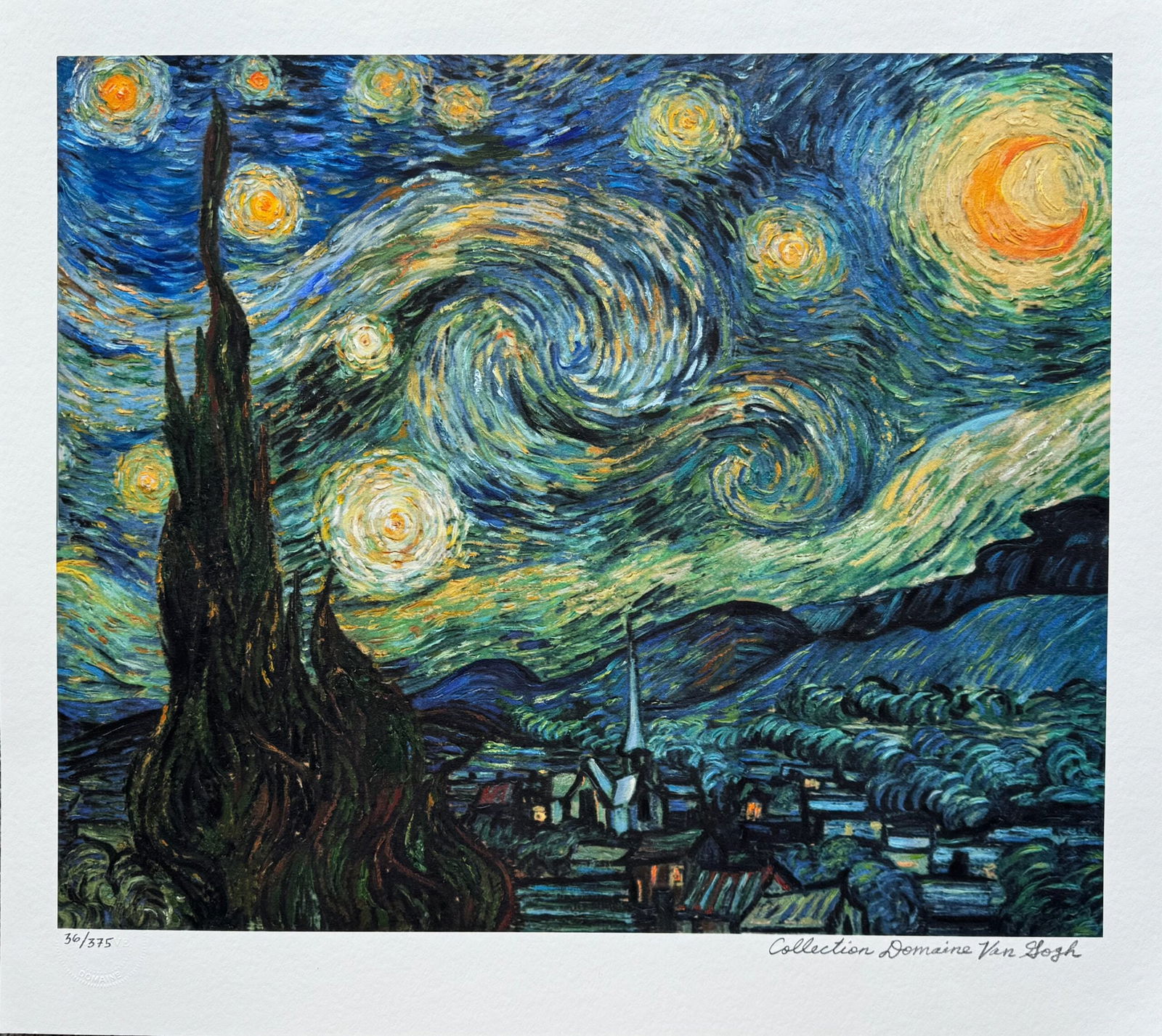 Vincent Van Gogh STARRY NIGHT Estate Signed Limited Edition Giclee: This is a VINCENT VAN GOGH (ESTATE COLLECTION DOMAINE) reproduction giclee titled STARRY NIGHT. This piece is pencil signed on the lower right as Collection Domaine Van Gogh and has an embossed seal s