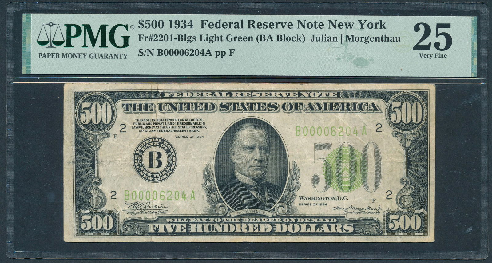 1934 $500 New York FRN PMG 25: One 1934 $500 New York FRN PMG 25.