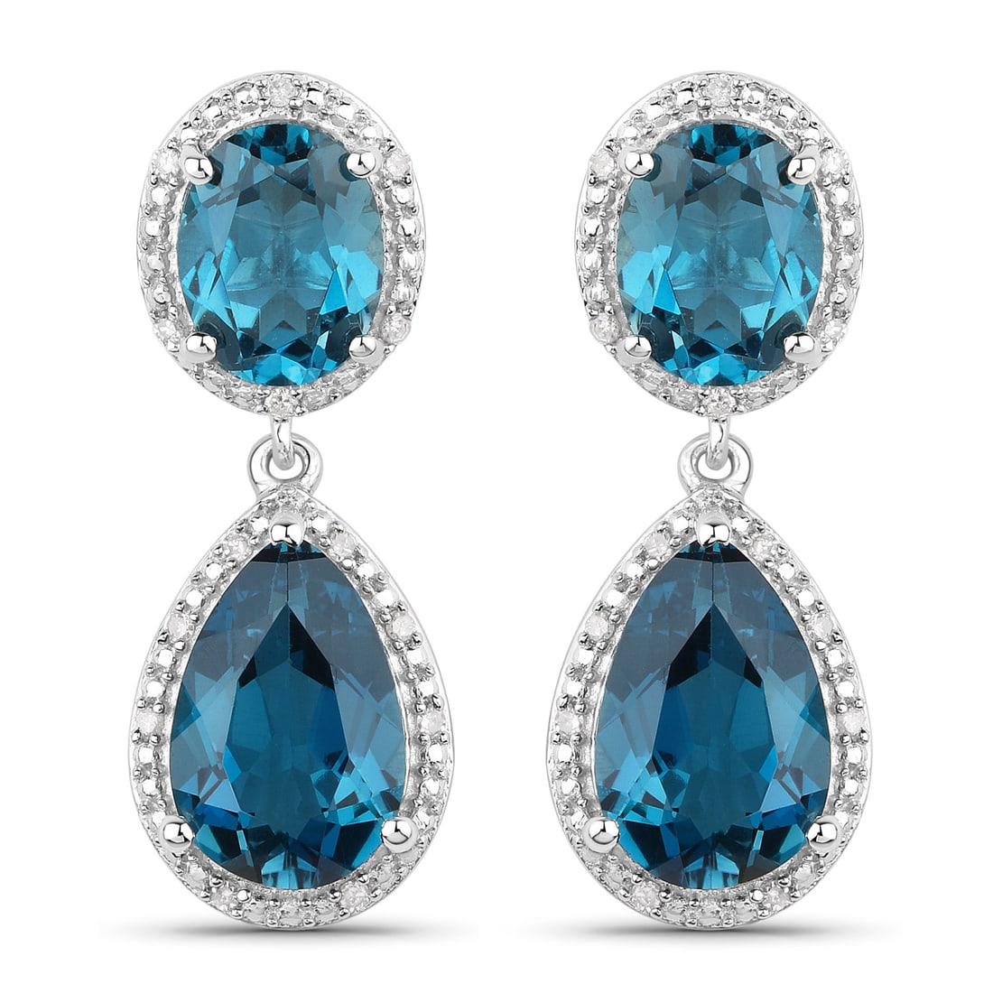Plated Rhodium 11.45ctw London Blue Topaz and Diamond Earrings: These rhodium?plated .925 sterling silver earrings showcase a dramatic combination of natural London blue topaz and sparkling white diamonds, featuring two 9×7?mm oval stones (4.30 ctw) paired with t