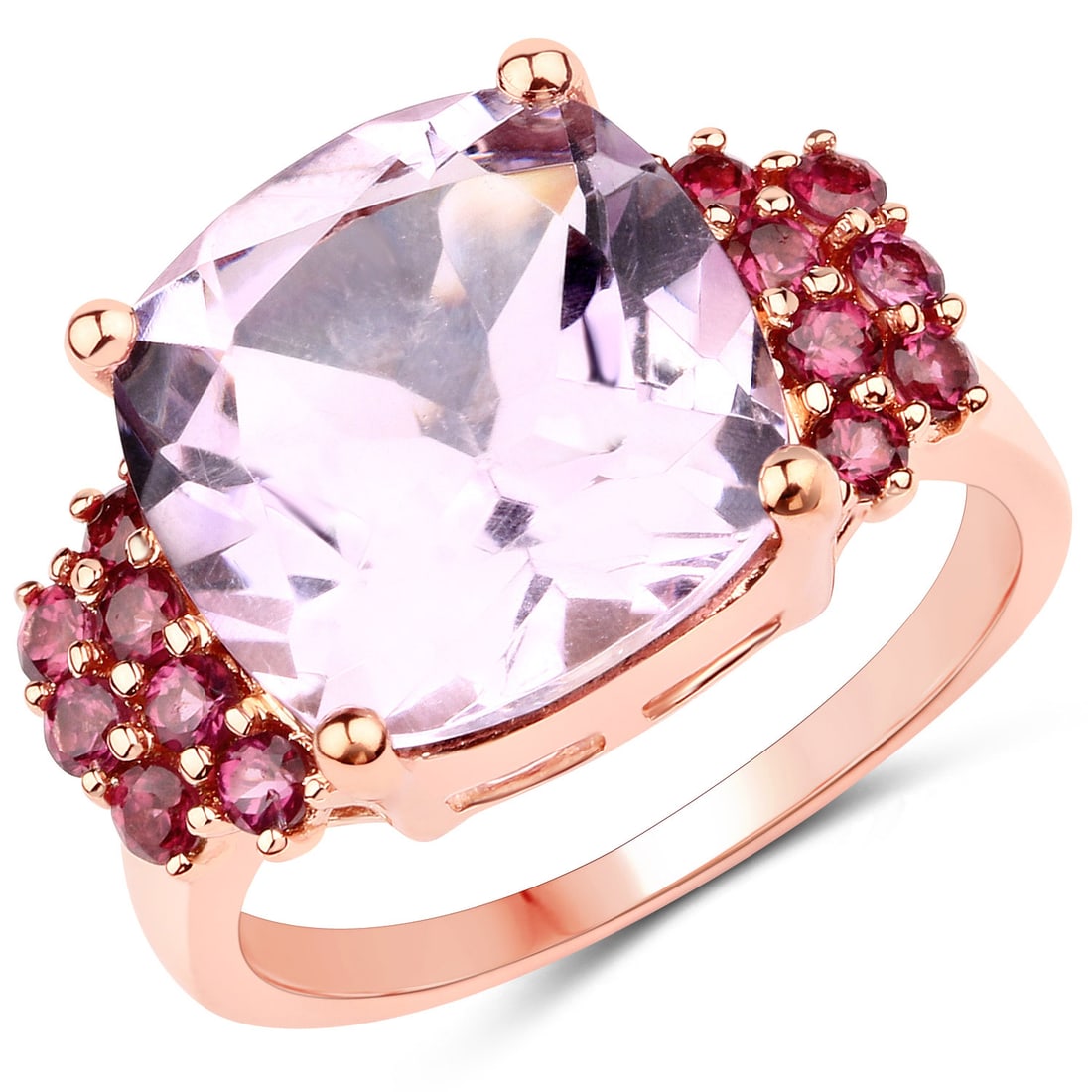 Plated 18KT Rose Gold 5.90ctw Pink Amethyst and Garnet Ring: This 18K rose gold?plated .925 sterling silver cocktail ring showcases a bold 5.90 ctw of natural gemstones, led by a single 12 mm cushion?cut pink amethyst weighing 5.20 ctw with soft, luminous