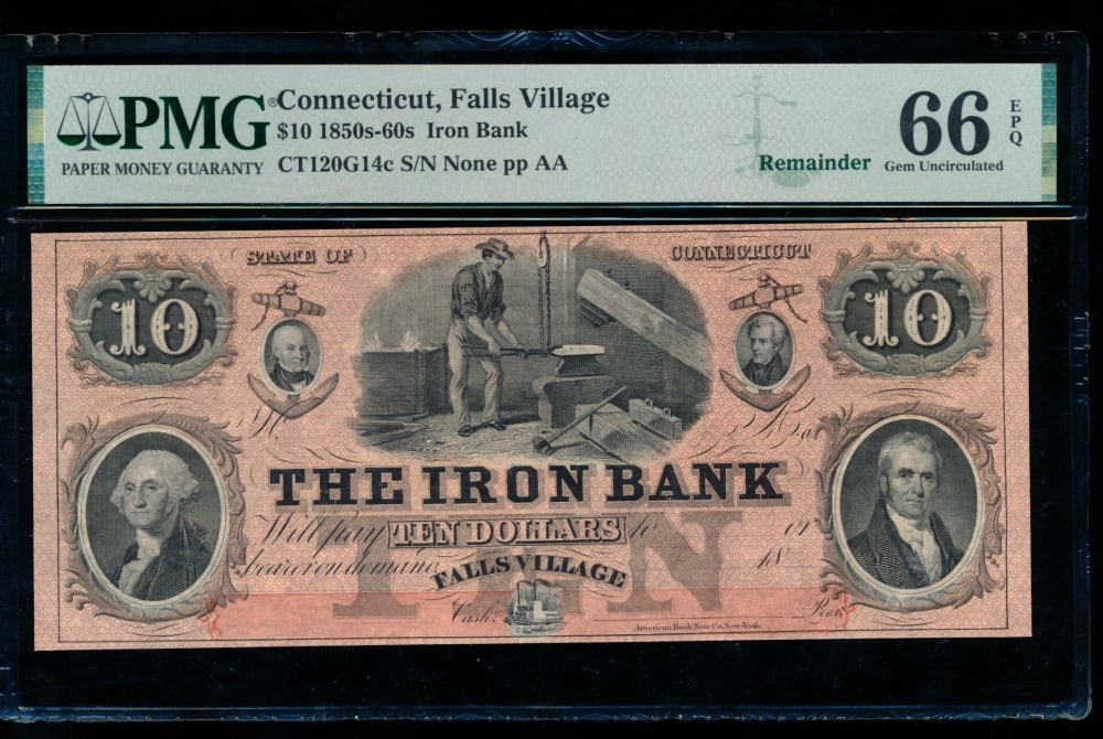 1850s $10 Falls Village CT Obsolete PMG 66EPQ (1 of 2)