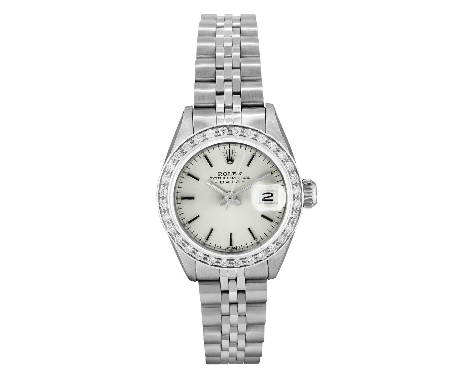 Rolex Ladies Stainless Steel Diamond Bezel Date Watch: This Lady Rolex Date watch features a silver dial with index hour markers and a custom sapphire crystal, with a magnified date window. The timepiece has custom 18K white gold diamond bezel, set with g
