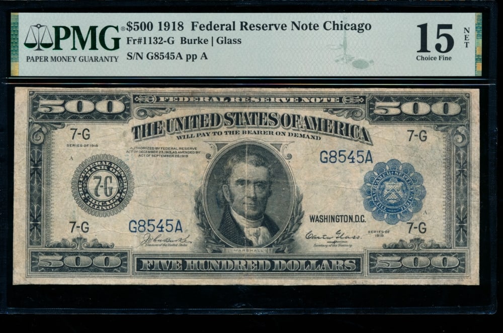 1918 $500 Chicago FRN PMG 15NET: One 1918 $500 Chicago FRN PMG 15NET.