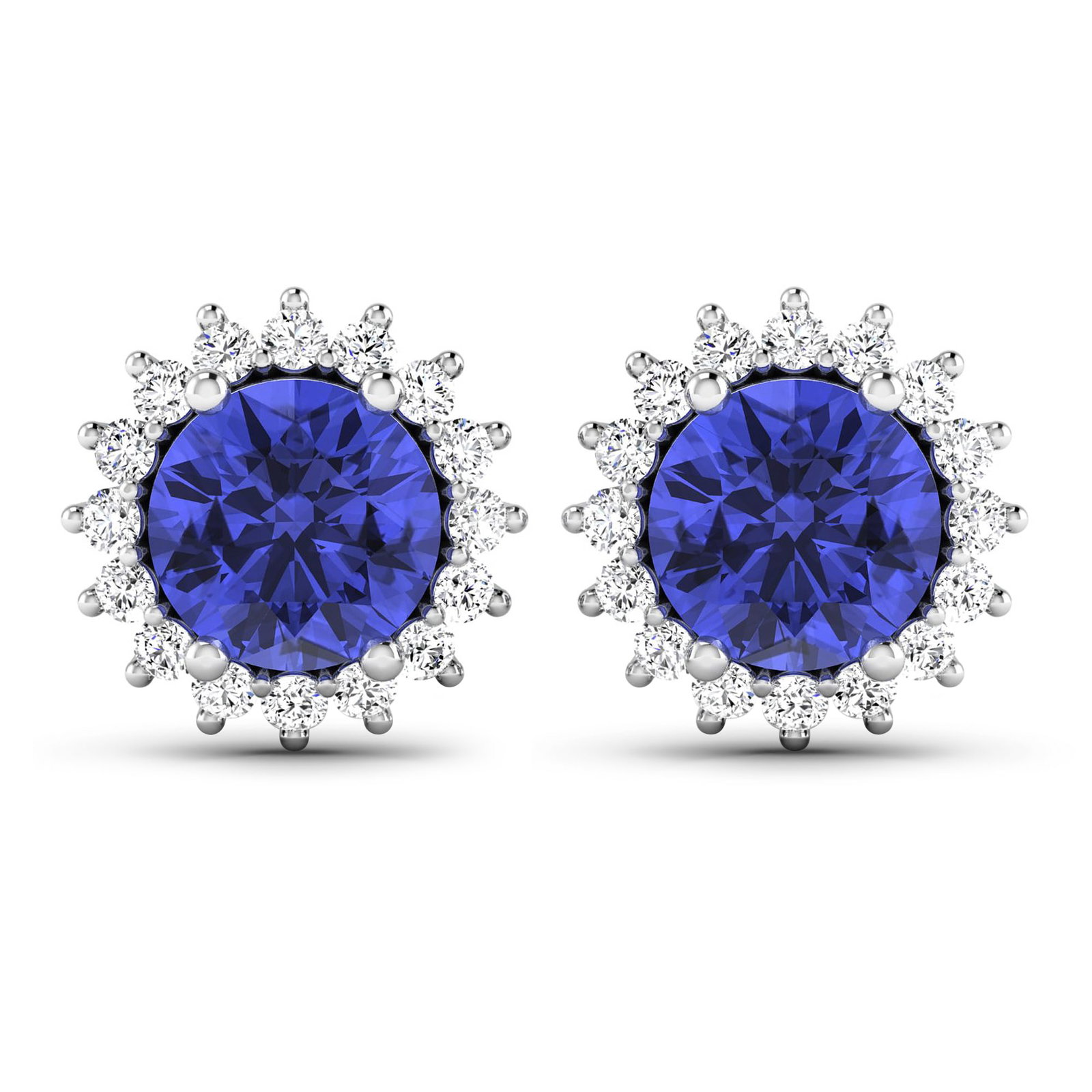 14KT White Gold 1.44ctw Tanzanite and Diamond Earrings: Tanzanite (AA+) Round 6.00mm - 2Pcs + White Diamond F/C Round 1.30mm - 32Pcs ( Push-Post ) ( I1-I2/I color ) Total weight of gemstones is 1.44cts. Total Diamond weight is 0.32cts. Total weight of thes