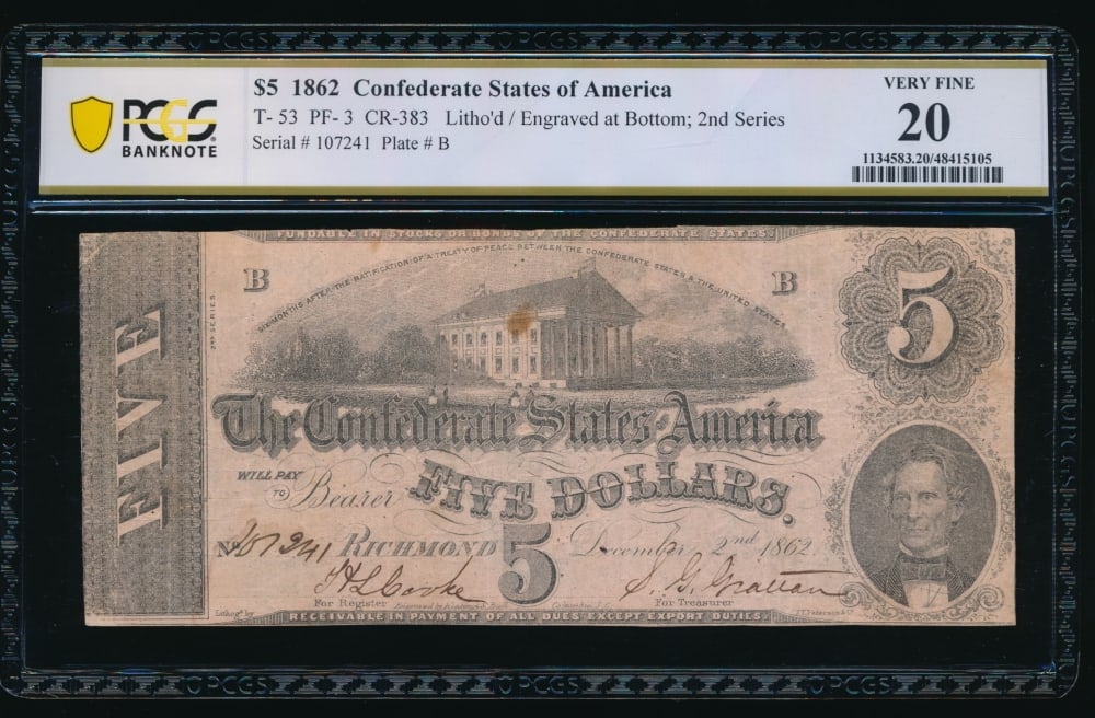1862 $5 T-53 Confederate PCGS 20 (1 of 2)