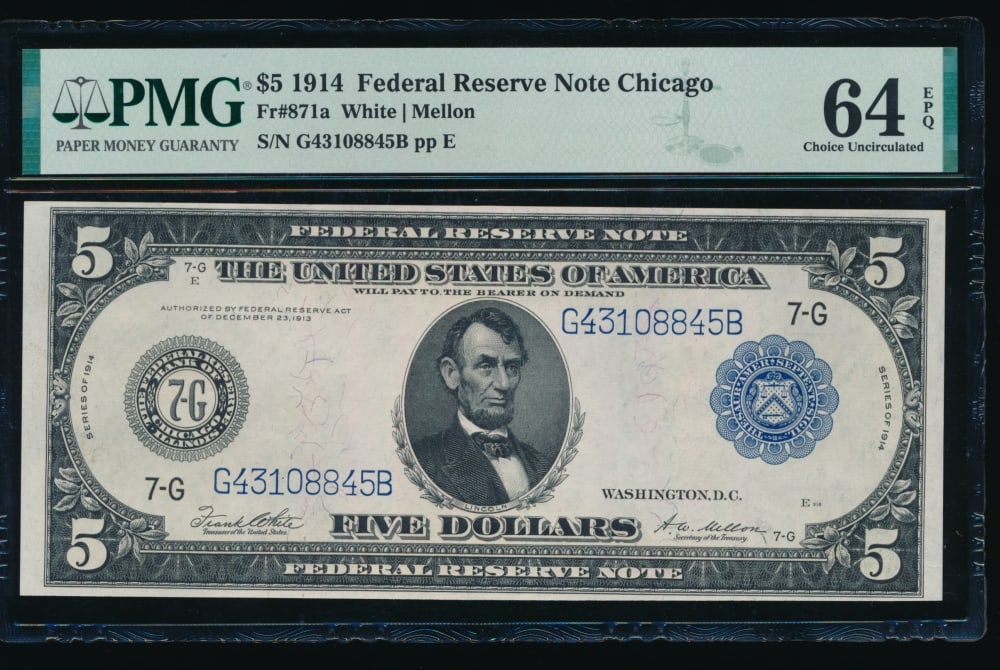 1914 $5 Chicago FRN PMG 64EPQ: One 1914 $5 Chicago FRN PMG 64EPQ.