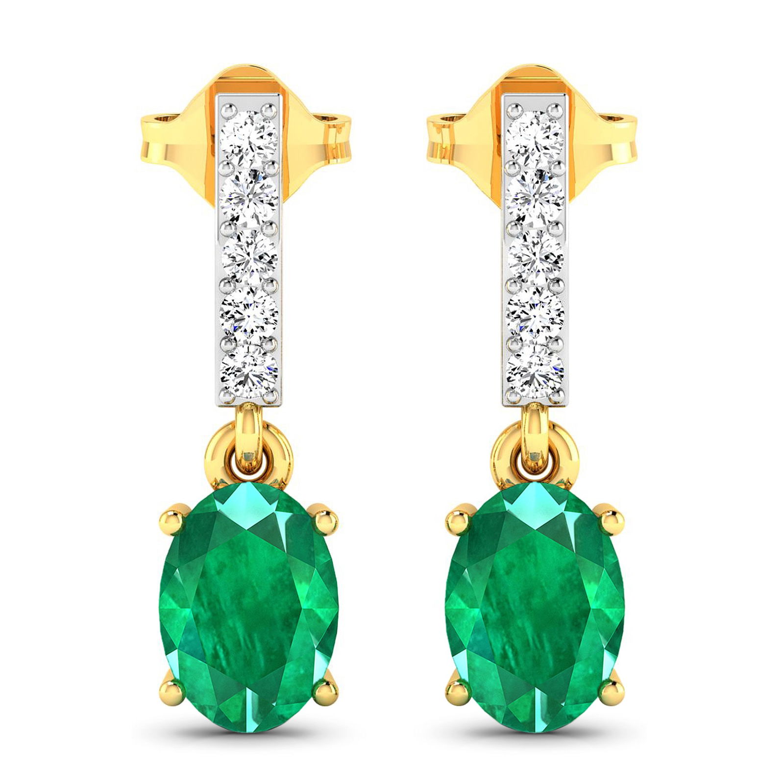 14KT Yellow Gold 1.12ctw Zambian Emerald and Diamond Earrings: Zambian Emerald (AA) Oval 7x5mm - 2Pcs + White Diamond F/C Round 1.50mm - 10Pcs ( Push-Post ) ( White Pan Rhodium ) ( I1-I2/I color ) Total weight of gemstones is 1.12cts. Total Diamond weight is