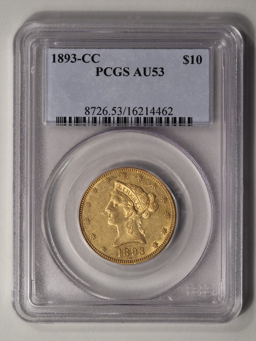 1893-CC $10 Liberty Head Eagle Gold Coin PCGS AU53: One 1893-CC $10 Liberty Head Eagle Gold Coin PCGS AU53.