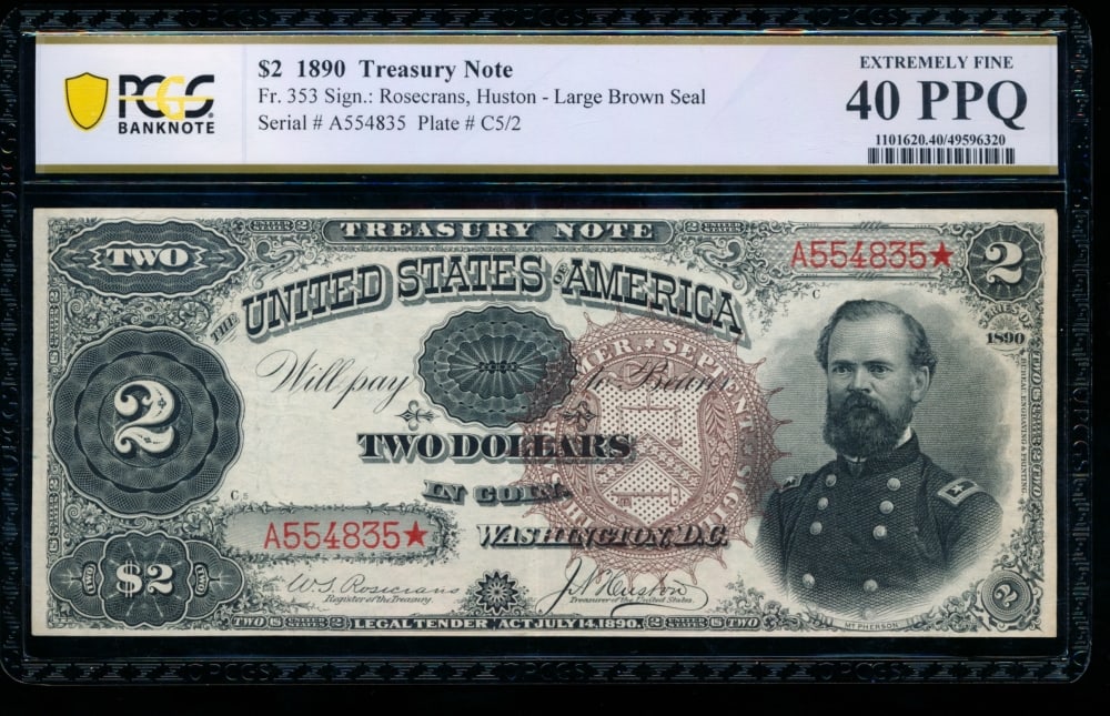 1890 $2 Treasury Note PCGS 40PPQ: One 1890 $2 Treasury Note PCGS 40PPQ.
