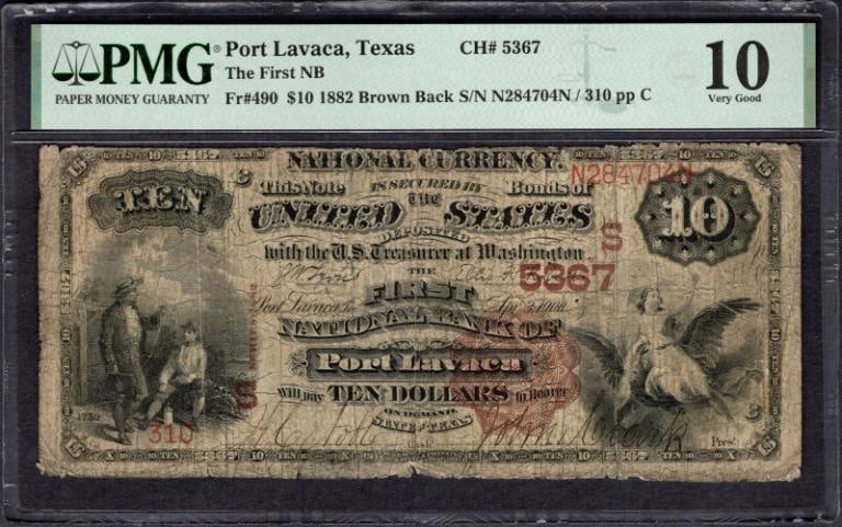 1882 $10 Port Lavaca TX National PMG 10 (1 of 2)
