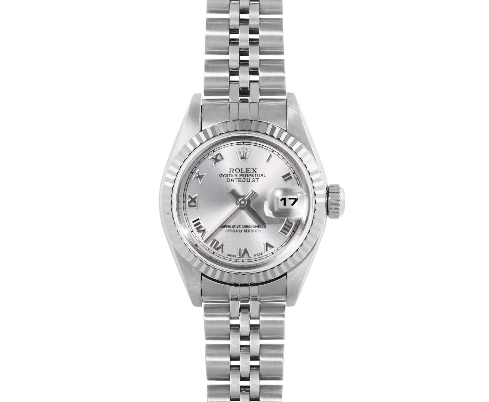 Rolex Ladies Stainless Steel Silver Roman 18K White Gold Fluted Quickset Datejust Watch (1 of 8)