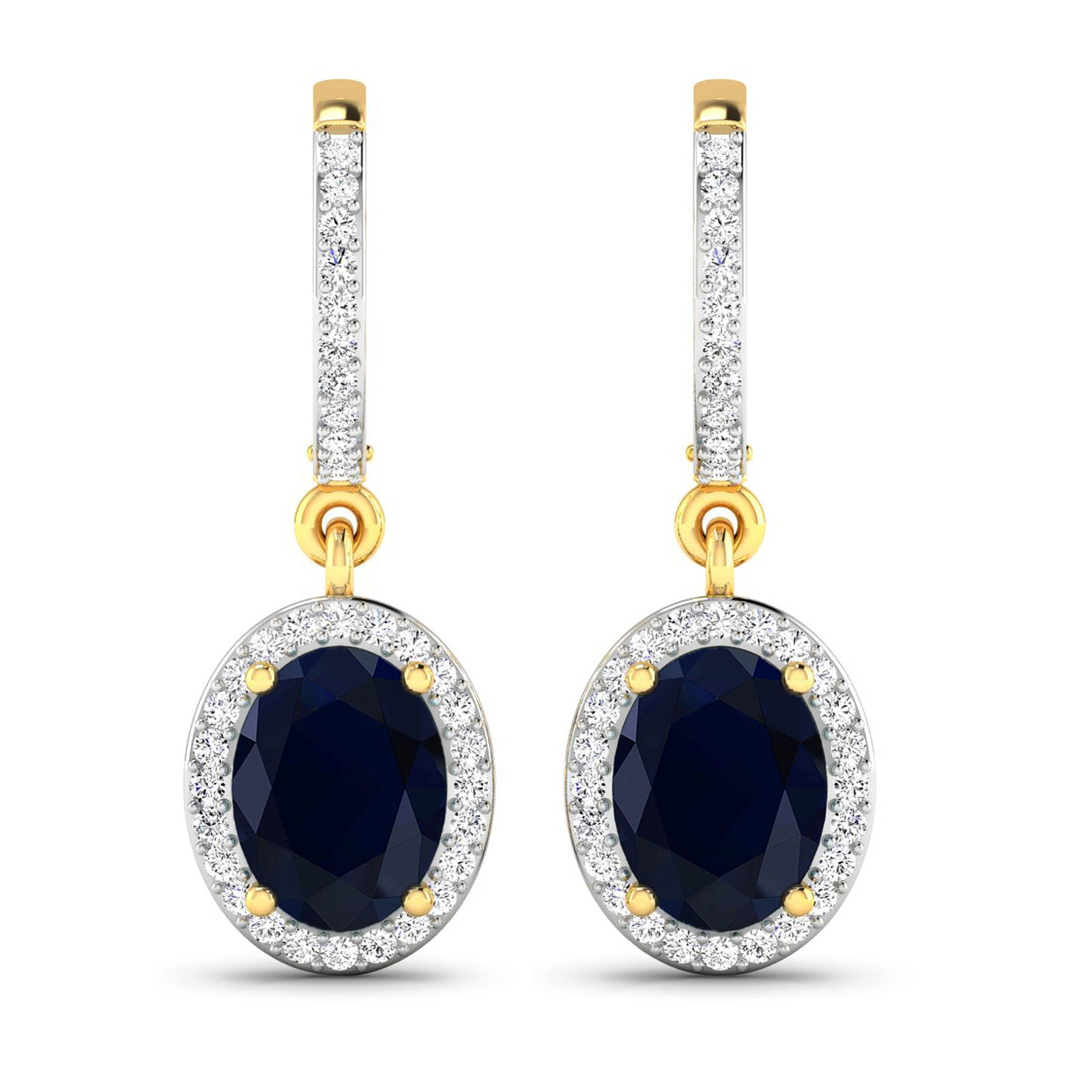 14KT Yellow Gold 2.6ctw Blue Sapphire and Diamond Earrings: Blue Sapphire (AA) Oval 8x6mm - 2Pcs + White Diamond F/C Round 1.00mm - 70Pcs ( Clip On ) ( White Pan Rhodium ) ( I1-I2/I color ) Total weight of gemstones is 2.6cts. Total Diamond weight is 0.32cts.